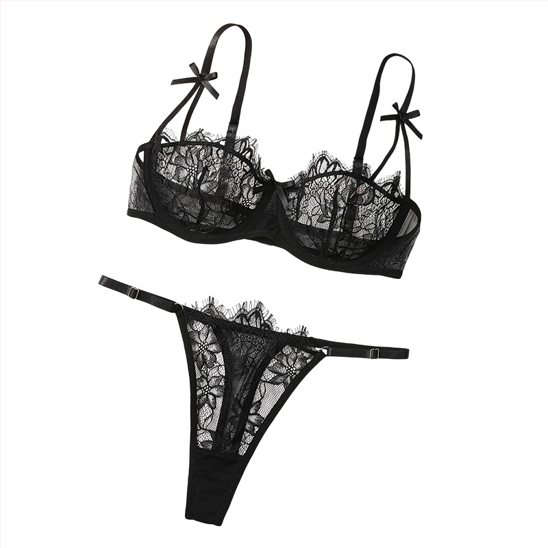 Комплект сутиени с мрежеста дантела, Push-Up, чашка 3/4, фиксирани двойни презрамки, полиестерна тъкан