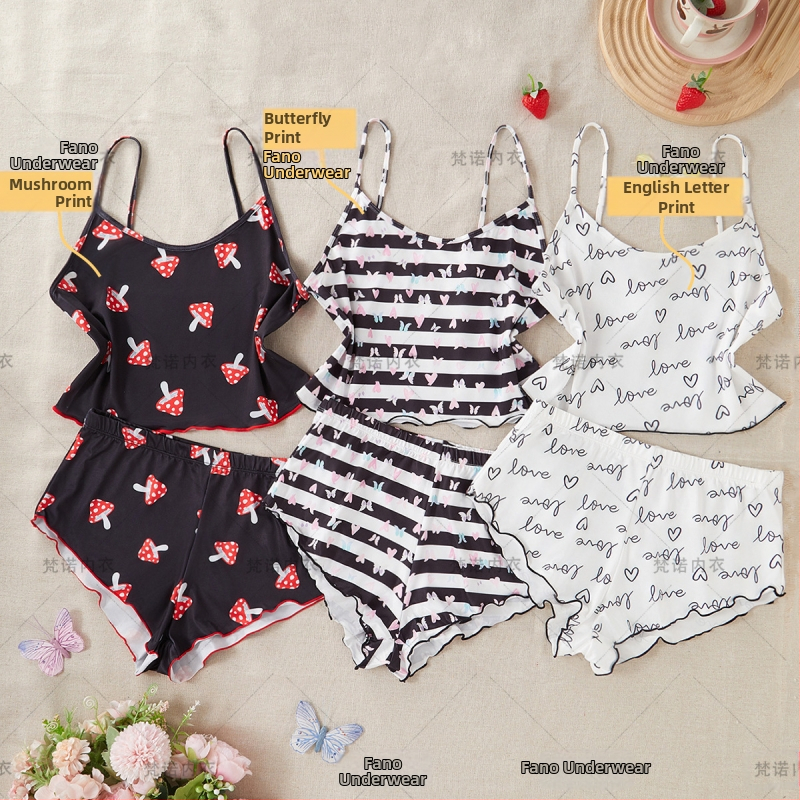 Set de pijamale cu bretele pentru femei - 90-95% poliester, respirabil, fără cusături, confortabil, stil dulce și drăguț