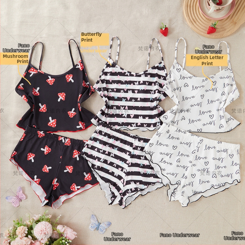 Set de pijamale cu bretele pentru femei - 90-95% poliester, respirabil, fără cusături, confortabil, stil dulce și drăguț