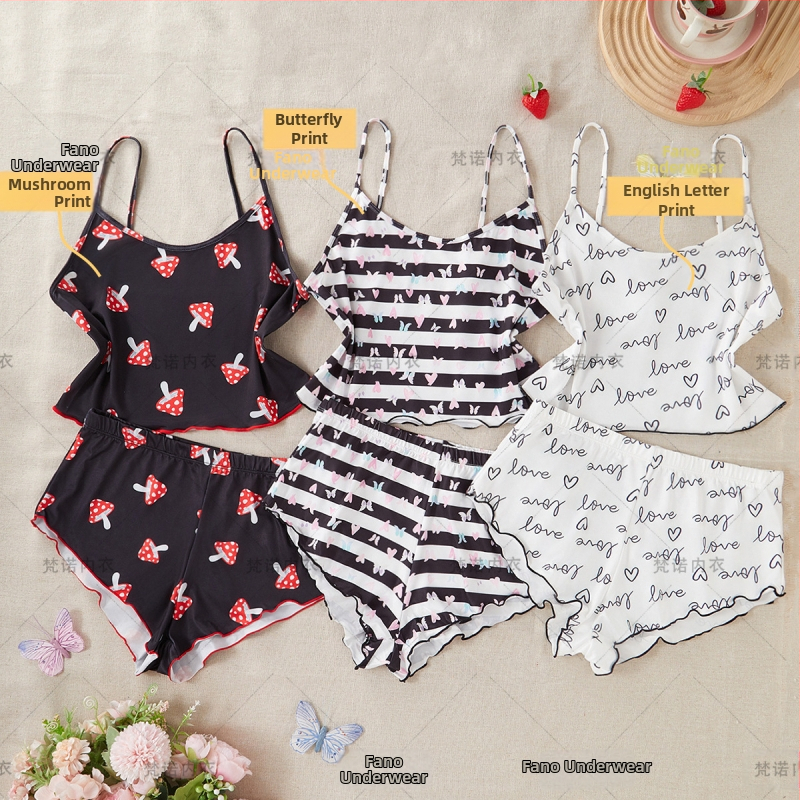 Set de pijamale cu bretele pentru femei - 90-95% poliester, respirabil, fără cusături, confortabil, stil dulce și drăguț