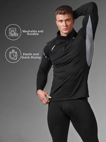 Ανδρικό θερμικό τοπ με επένδυση Milk Silk, σταθερή γιακά, μακριά μανίκια, πολυεστέρας με 10% σπάντεξ