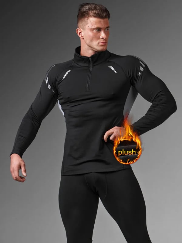 Ανδρικό θερμικό τοπ με επένδυση Milk Silk, σταθερή γιακά, μακριά μανίκια, πολυεστέρας με 10% σπάντεξ