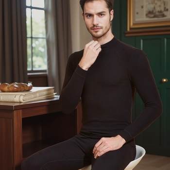 Vyrų terminis komplektas su pūkine vidine danga, pusaukštos kaklo linijos, ilgomis rankovėmis ir kelnėmis, vienos spalvos, vidutinio svorio 181–200 g/m²