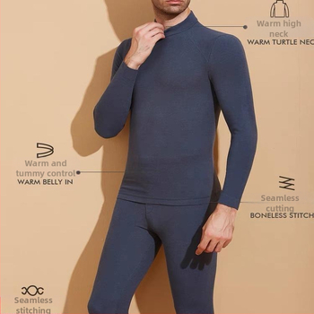 Vyrų terminis komplektas su pūkine vidine danga, pusaukštos kaklo linijos, ilgomis rankovėmis ir kelnėmis, vienos spalvos, vidutinio svorio 181–200 g/m²