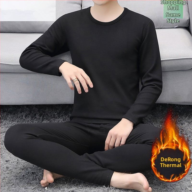 Vyrų terminis komplektas su pūkine vidine danga, pusaukštos kaklo linijos, ilgomis rankovėmis ir kelnėmis, vienos spalvos, vidutinio svorio 181–200 g/m²