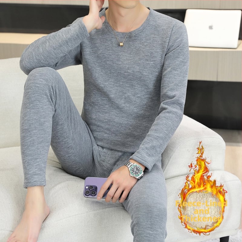 Vyrų terminis komplektas su pūkine vidine danga, pusaukštos kaklo linijos, ilgomis rankovėmis ir kelnėmis, vienos spalvos, vidutinio svorio 181–200 g/m²