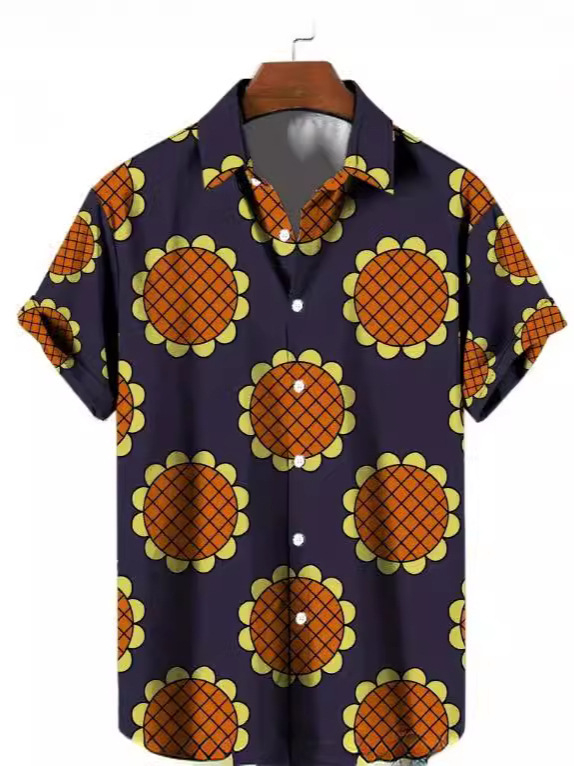 Ανδρικό πουκάμισο με 3D ψηφιακό εκτύπωμα με μοτίβο ηλίανθου, κοντό μανίκι, άνετη γραμμή, πολυεστερικό ύφασμα