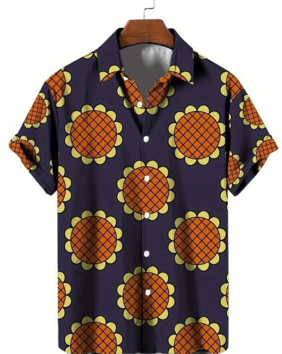 Ανδρικό πουκάμισο με 3D ψηφιακό εκτύπωμα με μοτίβο ηλίανθου, κοντό μανίκι, άνετη γραμμή, πολυεστερικό ύφασμα