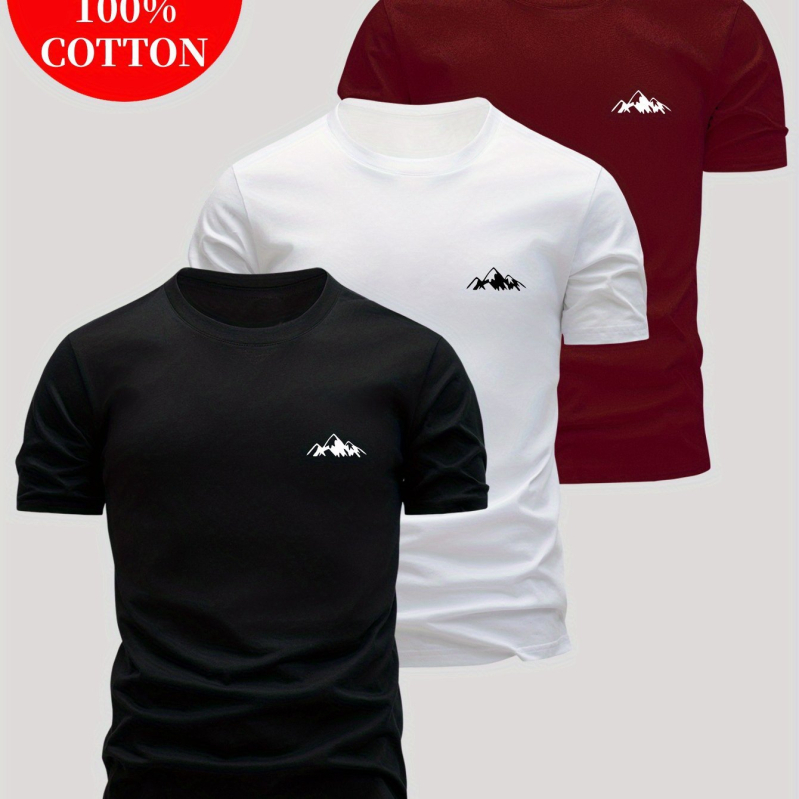 3 komplekts vīriešu kokvilnas T-krekli — brīva piegriezuma, apaļš kakls, īsās piedurknes, vienkrāsains