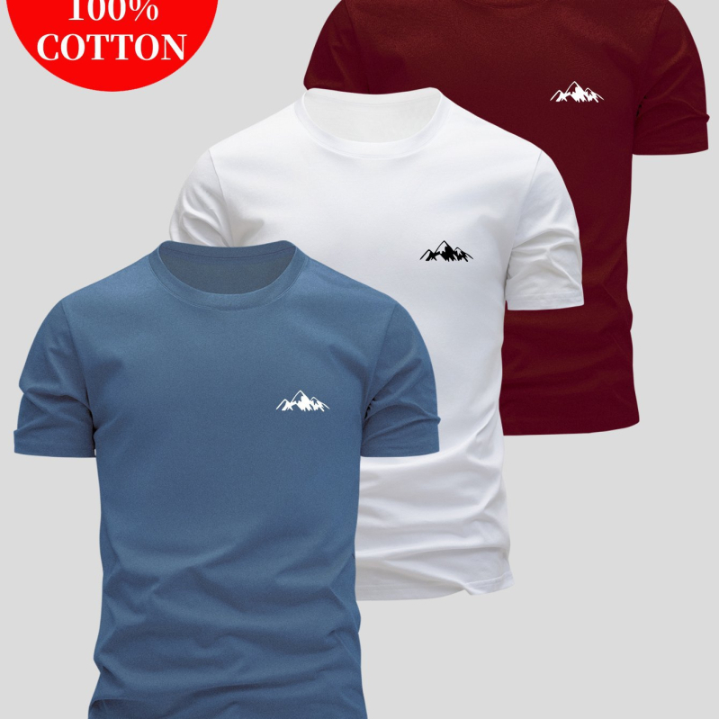 3 komplekts vīriešu kokvilnas T-krekli — brīva piegriezuma, apaļš kakls, īsās piedurknes, vienkrāsains