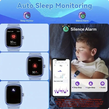 Vaikų išmanusis laikrodis su nuotraukų fiksavimu, žingsnių skaičiavimu, širdies ritmo stebėjimu, Bluetooth skambučiais, išmaniaisiais priminimais — aliuminio lydinio korpusas, silikoninis dirželis, stačiakampis TFT ekranas, magnetinis įkrovimas