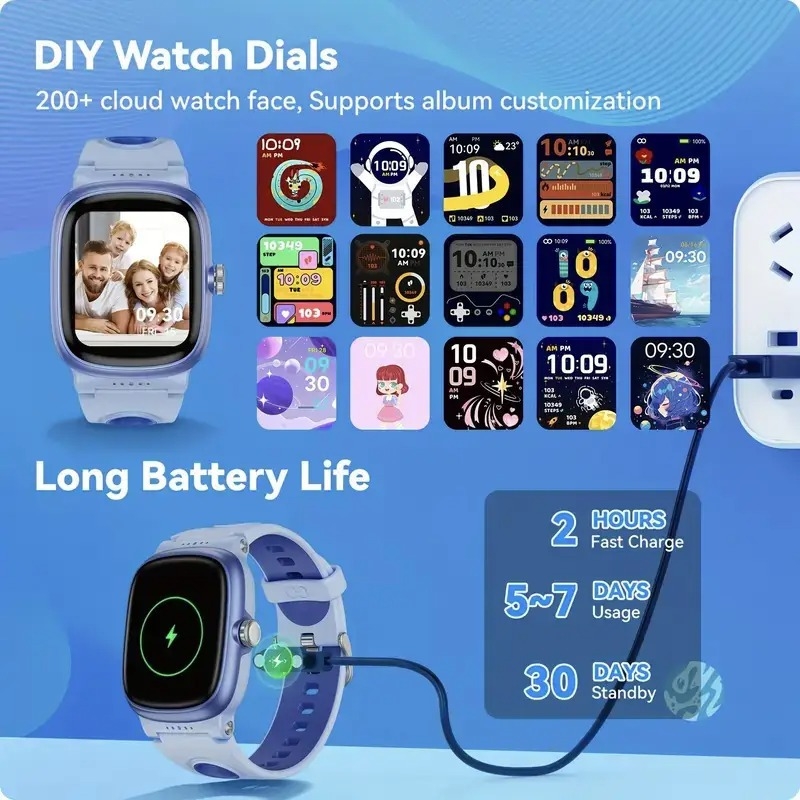 Vaikų išmanusis laikrodis su nuotraukų fiksavimu, žingsnių skaičiavimu, širdies ritmo stebėjimu, Bluetooth skambučiais, išmaniaisiais priminimais — aliuminio lydinio korpusas, silikoninis dirželis, stačiakampis TFT ekranas, magnetinis įkrovimas