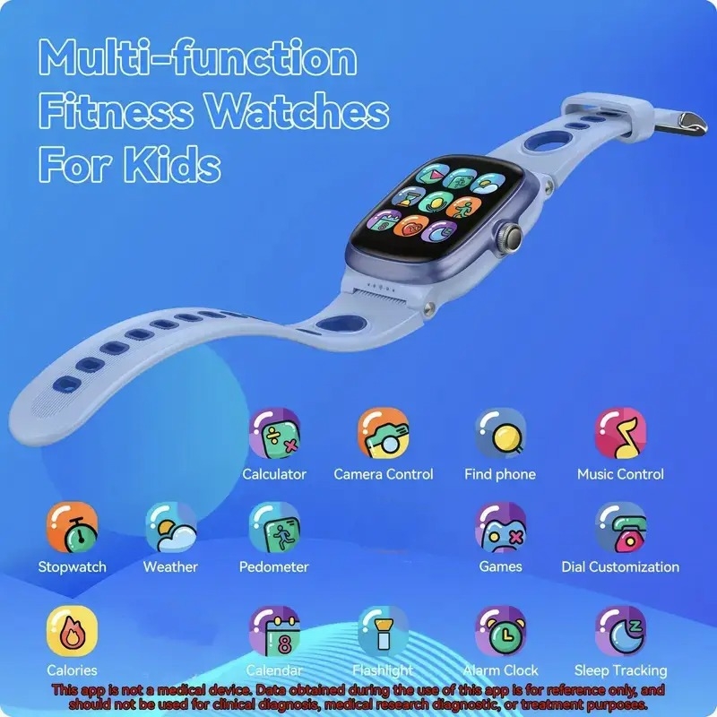 Vaikų išmanusis laikrodis su nuotraukų fiksavimu, žingsnių skaičiavimu, širdies ritmo stebėjimu, Bluetooth skambučiais, išmaniaisiais priminimais — aliuminio lydinio korpusas, silikoninis dirželis, stačiakampis TFT ekranas, magnetinis įkrovimas