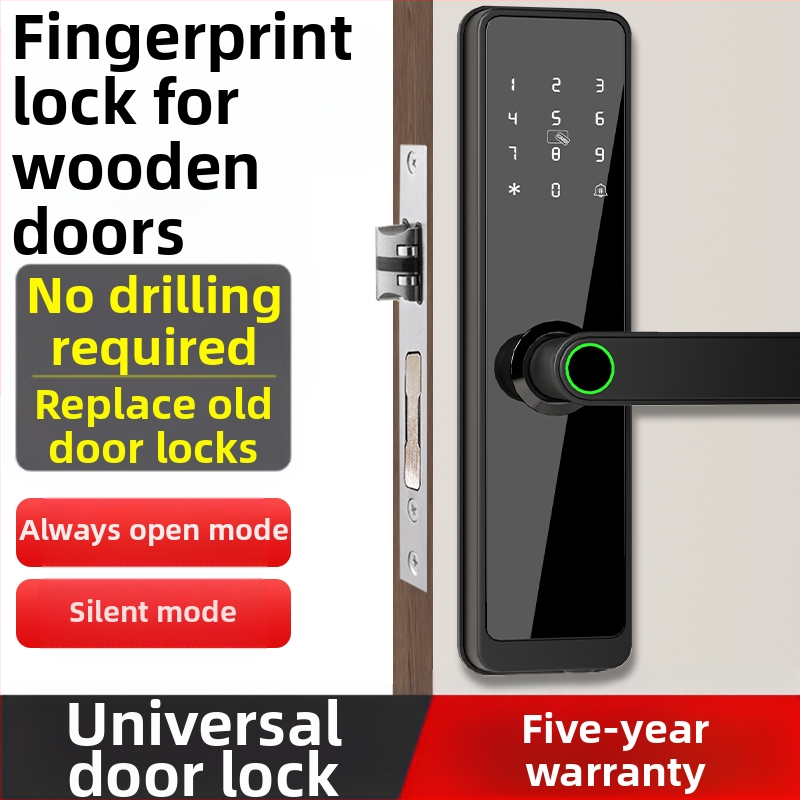 Viedā durvju slēdzene iekšējām koka durvīm ar pirksta nospiedumu, plaukstas nospiedumu, paroli, sejas atpazīšanu un attālinātu atslēgu; panelis no alumīnija sakausējuma