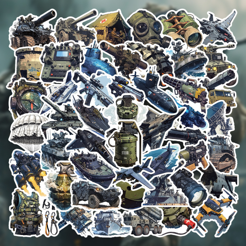 Σετ αυτοκόλλητων: 54 τεμάχια στρατιωτικών όπλων, καρτούν σε βινύλιο, εκτύπωση, KPD-816