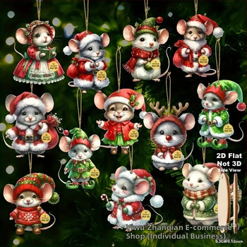 Ξύλινες κρεμαστές διακοσμήσεις, σετ 24 τεμάχια, με θέμα το ποντίκι για τα Χριστούγεννα, στυλ καρτούν