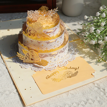 3D ευχετήρια κάρτα με χρυσό φύλλο τούρτας, χειρόγραφο μήνυμα, διάτρητος σχεδιασμός, διπλωτή κάρτα γενεθλίων