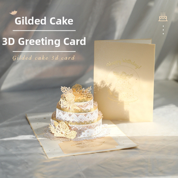 3D ευχετήρια κάρτα με χρυσό φύλλο τούρτας, χειρόγραφο μήνυμα, διάτρητος σχεδιασμός, διπλωτή κάρτα γενεθλίων