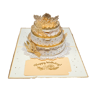 3D ευχετήρια κάρτα με χρυσό φύλλο τούρτας, χειρόγραφο μήνυμα, διάτρητος σχεδιασμός, διπλωτή κάρτα γενεθλίων