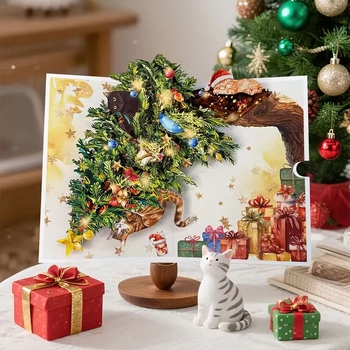 Коледна поздравителна картичка с 3D поп-ъп котенце, печатана върху хартия с покритие