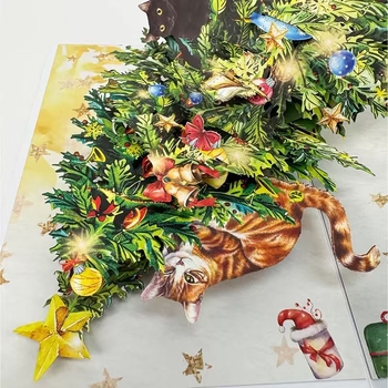 Коледна поздравителна картичка с 3D поп-ъп котенце, печатана върху хартия с покритие