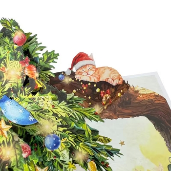 Коледна поздравителна картичка с 3D поп-ъп котенце, печатана върху хартия с покритие