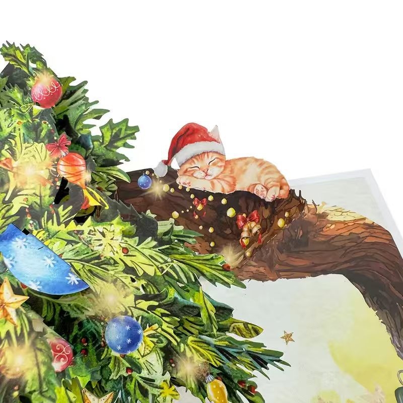 Коледна поздравителна картичка с 3D поп-ъп котенце, печатана върху хартия с покритие