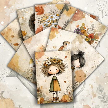 Σετ Καρτών Τέχνης – 20 Φύλλα Ρετρό Φθινοπωρινά Λουλούδια Κορίτσι, Γραμματόσημα Αλληλογραφίας, Συλλεκτικό