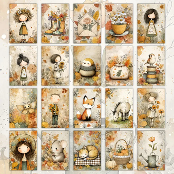 Σετ Καρτών Τέχνης – 20 Φύλλα Ρετρό Φθινοπωρινά Λουλούδια Κορίτσι, Γραμματόσημα Αλληλογραφίας, Συλλεκτικό