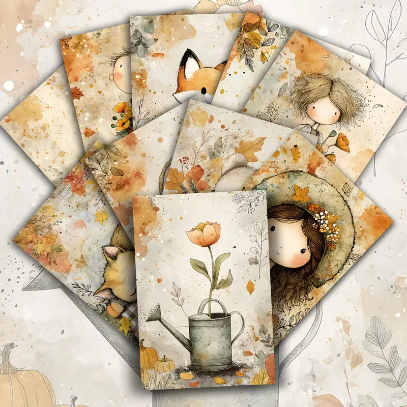 Σετ Καρτών Τέχνης – 20 Φύλλα Ρετρό Φθινοπωρινά Λουλούδια Κορίτσι, Γραμματόσημα Αλληλογραφίας, Συλλεκτικό