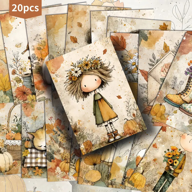 Σετ Καρτών Τέχνης – 20 Φύλλα Ρετρό Φθινοπωρινά Λουλούδια Κορίτσι, Γραμματόσημα Αλληλογραφίας, Συλλεκτικό