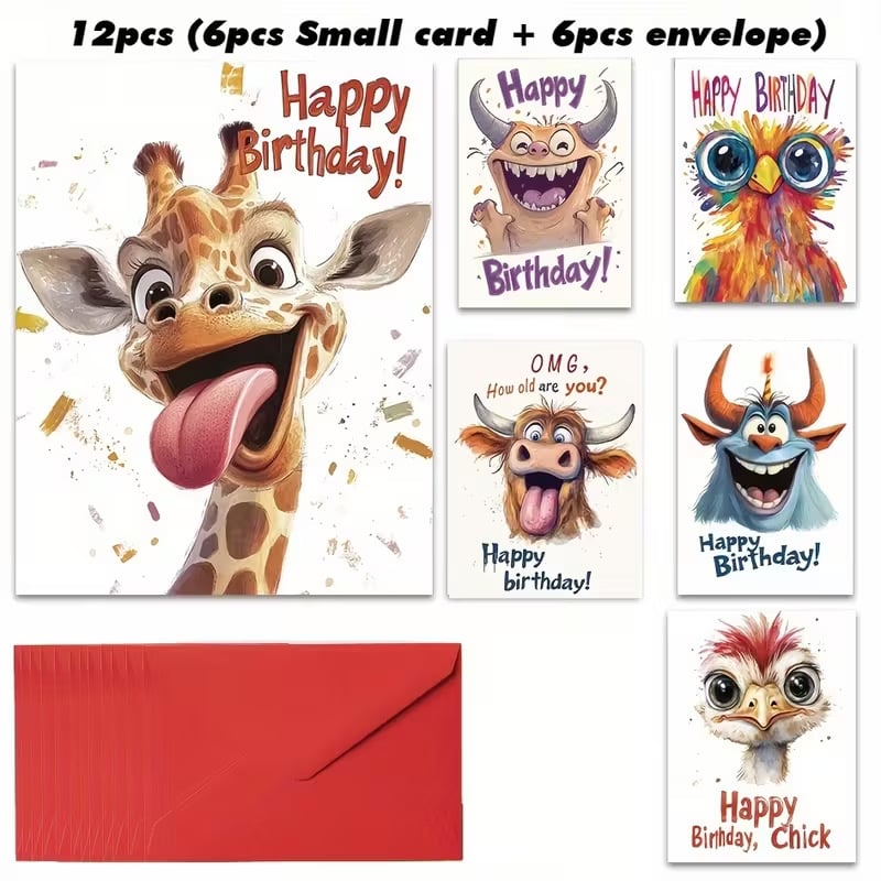 Поздравителна картичка със сладки животни за рождени дни и други поводи – картон, печат – подходяща за Рожден ден, Ден на детето, Годишнина и универсални поводи