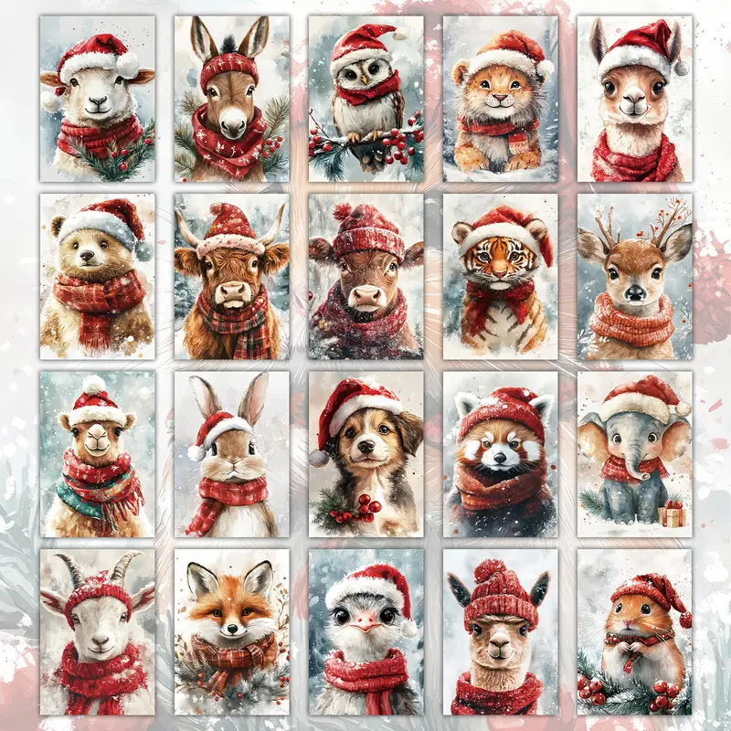 Σετ Χριστουγεννιάτικων Καρτών με Ζώα – 20 γλυκές Κάρτες, Καλλιτεχνικό Σχέδιο, Ρετρό Στυλ, Διασυνοριακή Αποκλειλτικότητα