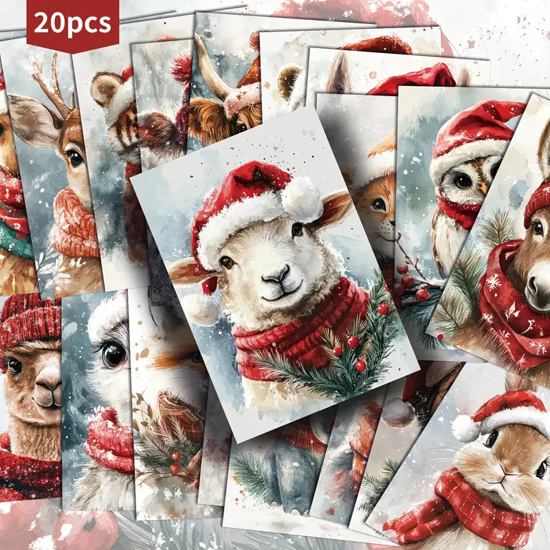 Σετ Χριστουγεννιάτικων Καρτών με Ζώα – 20 γλυκές Κάρτες, Καλλιτεχνικό Σχέδιο, Ρετρό Στυλ, Διασυνοριακή Αποκλειλτικότητα