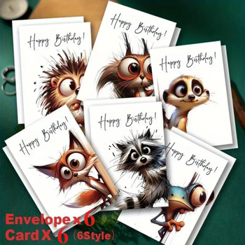 Комплект поздравителни картички за рожден ден с животни – 12 карти, картон, цветен печат, свеж и семпъл стил