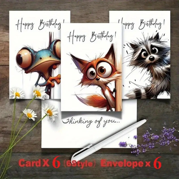 Комплект поздравителни картички за рожден ден с животни – 12 карти, картон, цветен печат, свеж и семпъл стил