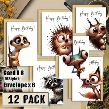Комплект поздравителни картички за рожден ден с животни – 12 карти, картон, цветен печат, свеж и семпъл стил