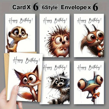 Комплект поздравителни картички за рожден ден с животни – 12 карти, картон, цветен печат, свеж и семпъл стил