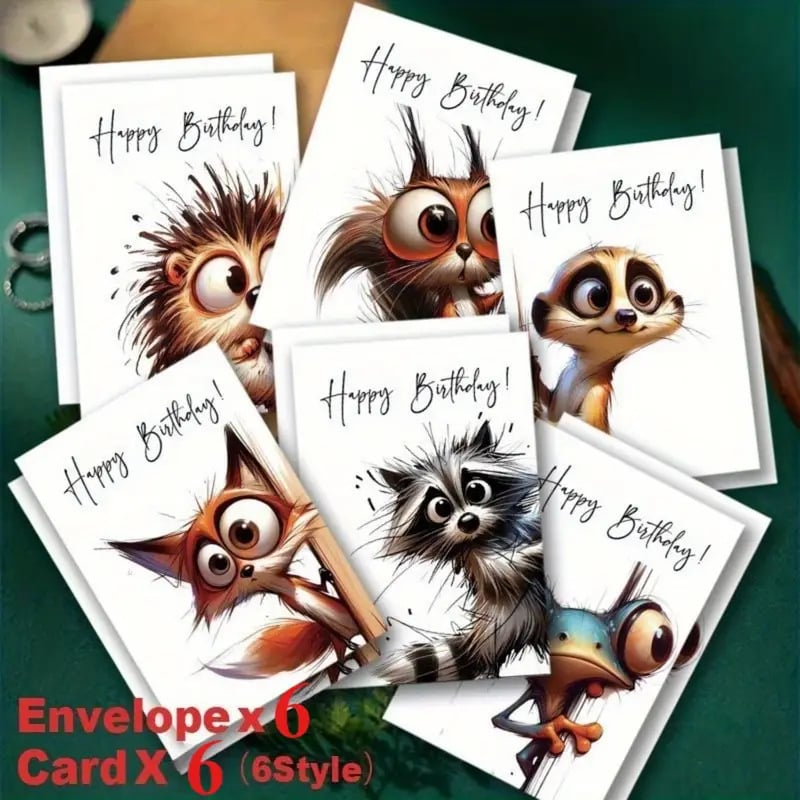Комплект поздравителни картички за рожден ден с животни – 12 карти, картон, цветен печат, свеж и семпъл стил