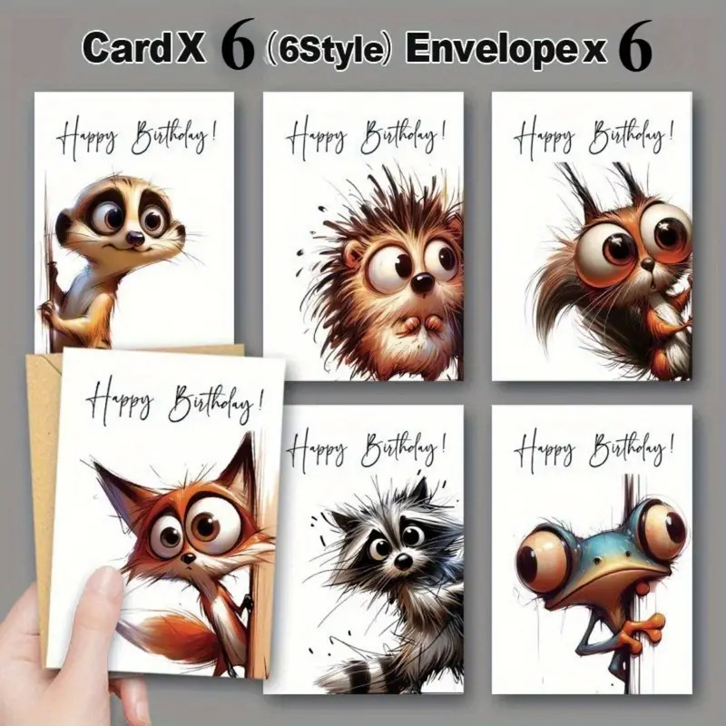 Комплект поздравителни картички за рожден ден с животни – 12 карти, картон, цветен печат, свеж и семпъл стил