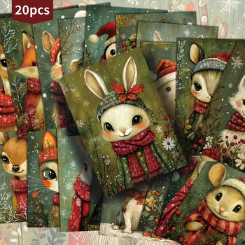 Χριστουγεννιάτικες κάρτες με ζώα, 20 τεμάχια, με αλεπού, λαγό και ποντίκι σε χριστουγεννιάτικα καπέλα και κασκόλ, vintage στυλ