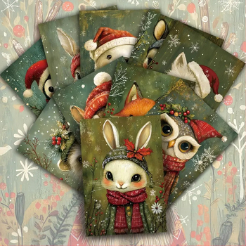 Χριστουγεννιάτικες κάρτες με ζώα, 20 τεμάχια, με αλεπού, λαγό και ποντίκι σε χριστουγεννιάτικα καπέλα και κασκόλ, vintage στυλ