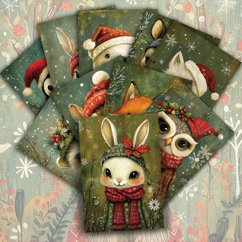 Коледни пощенски картички, комплект от 20 бр., изображения на лисица, заек и мишка в коледни шапки и шалове; винтидж стил