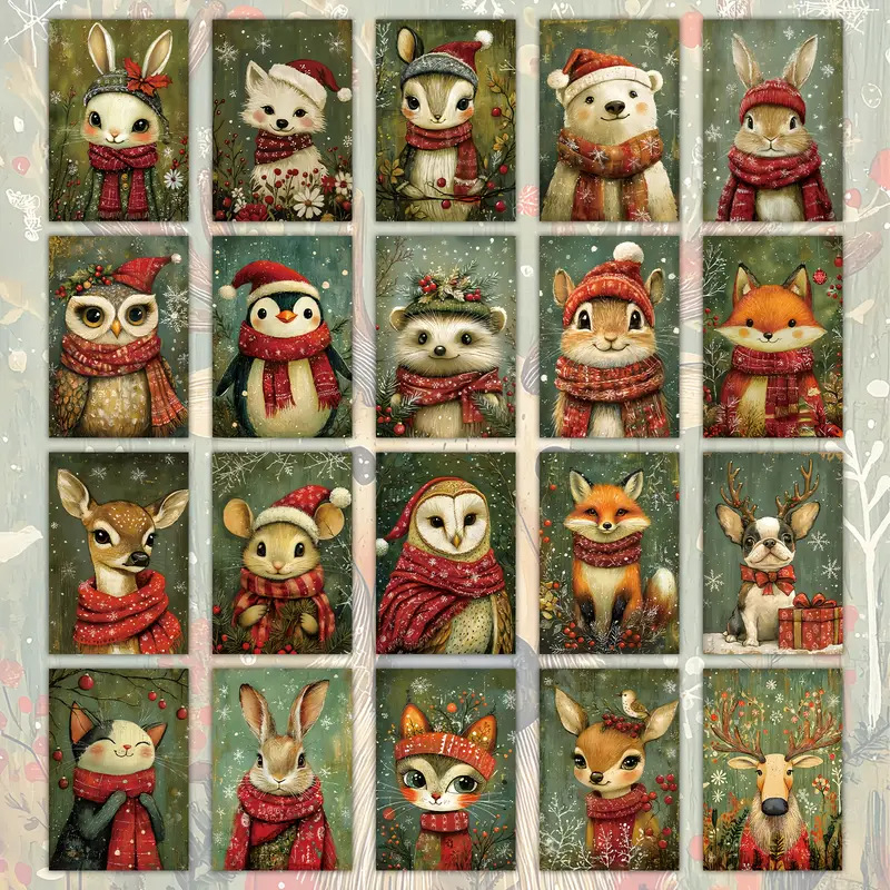 Χριστουγεννιάτικες κάρτες με ζώα, 20 τεμάχια, με αλεπού, λαγό και ποντίκι σε χριστουγεννιάτικα καπέλα και κασκόλ, vintage στυλ