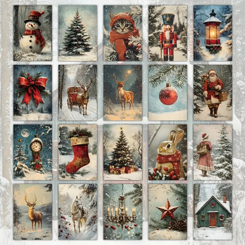 Σετ 20 καρτ ποστάλ για τα Χριστούγεννα με ρετρό σχέδιο ελάφι και χιονάνθρωπου για γιορτινή διακόσμηση (TZ016)