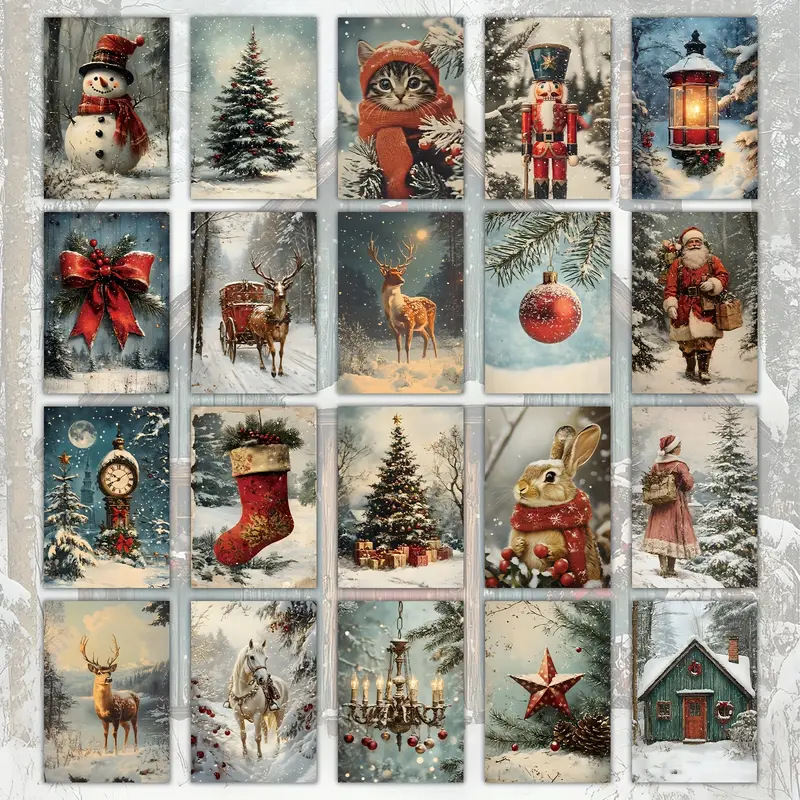 Σετ 20 καρτ ποστάλ για τα Χριστούγεννα με ρετρό σχέδιο ελάφι και χιονάνθρωπου για γιορτινή διακόσμηση (TZ016)