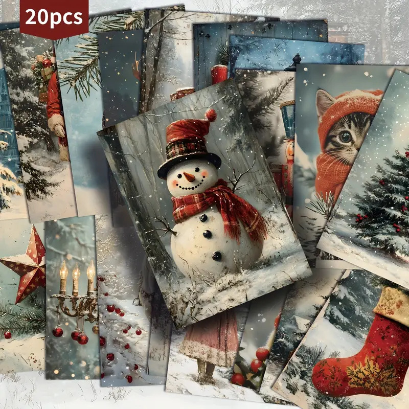 Σετ 20 καρτ ποστάλ για τα Χριστούγεννα με ρετρό σχέδιο ελάφι και χιονάνθρωπου για γιορτινή διακόσμηση (TZ016)