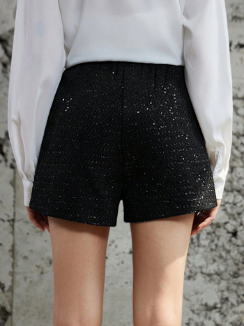 Къси панталони с висока талия от полиестер (95%+), дължина hot pants, грубо тъкана материя, сатенено лъскав завършек, европейско-американски стил