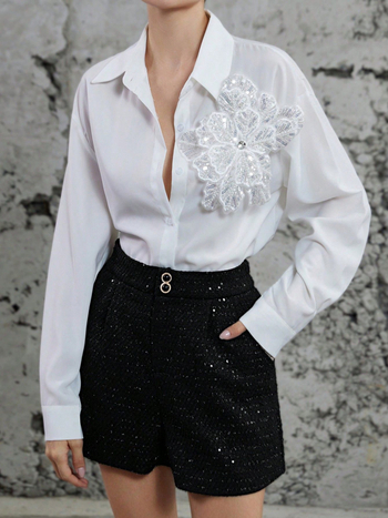 Къси панталони с висока талия от полиестер (95%+), дължина hot pants, грубо тъкана материя, сатенено лъскав завършек, европейско-американски стил