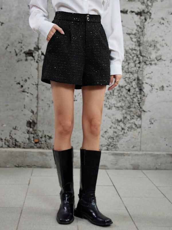 Къси панталони с висока талия от полиестер (95%+), дължина hot pants, грубо тъкана материя, сатенено лъскав завършек, европейско-американски стил